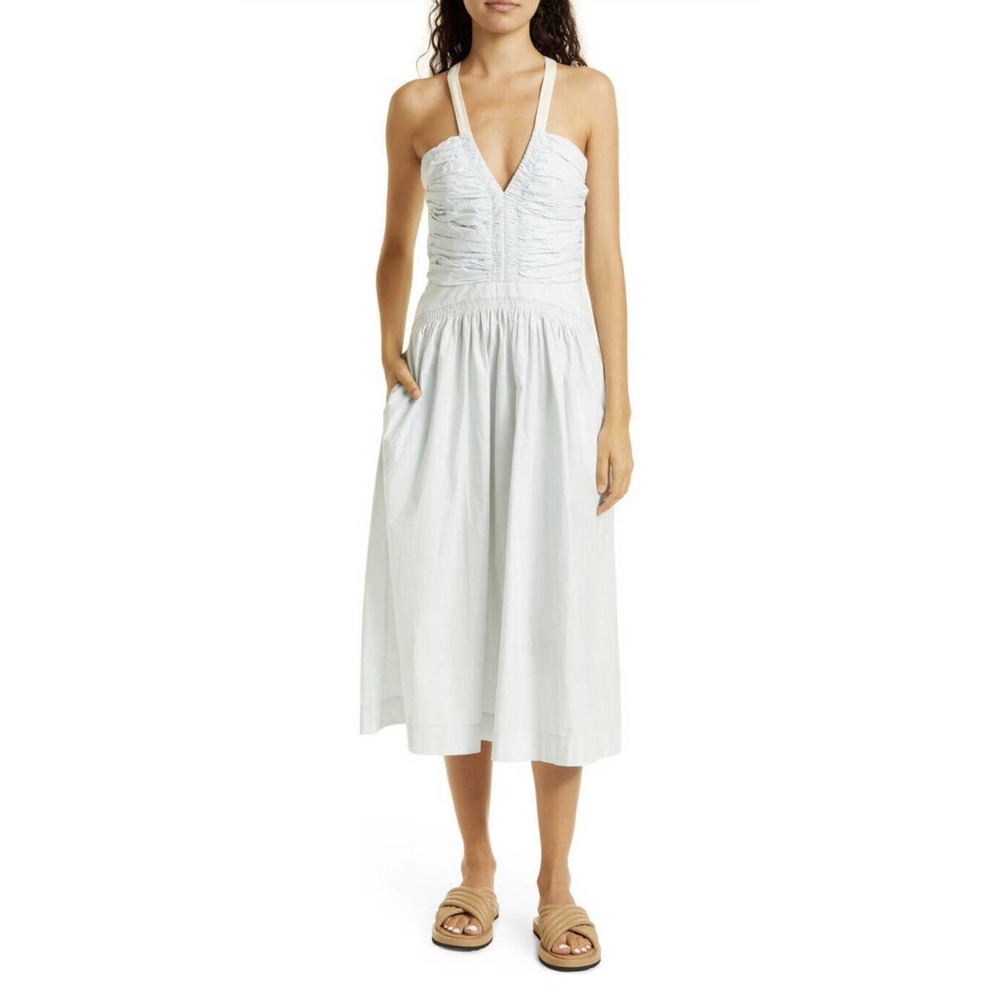 Ulla Johnson Laurelin Midi Dress Sea Glass Blue Ruched Solid Poplin Cotton Sz 2